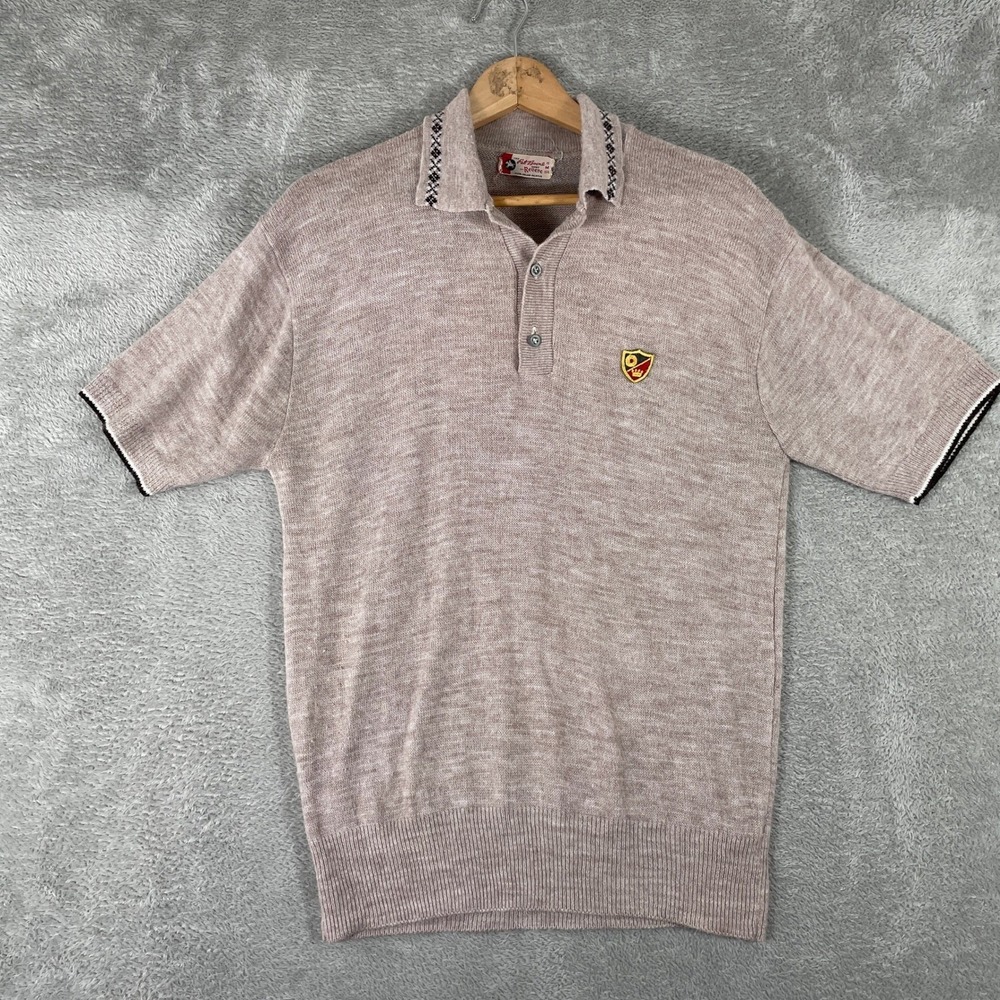 Vintage Revere Pat Boone Knit Polo Shirt Mens Medium Tan Argyle Collar Orlon